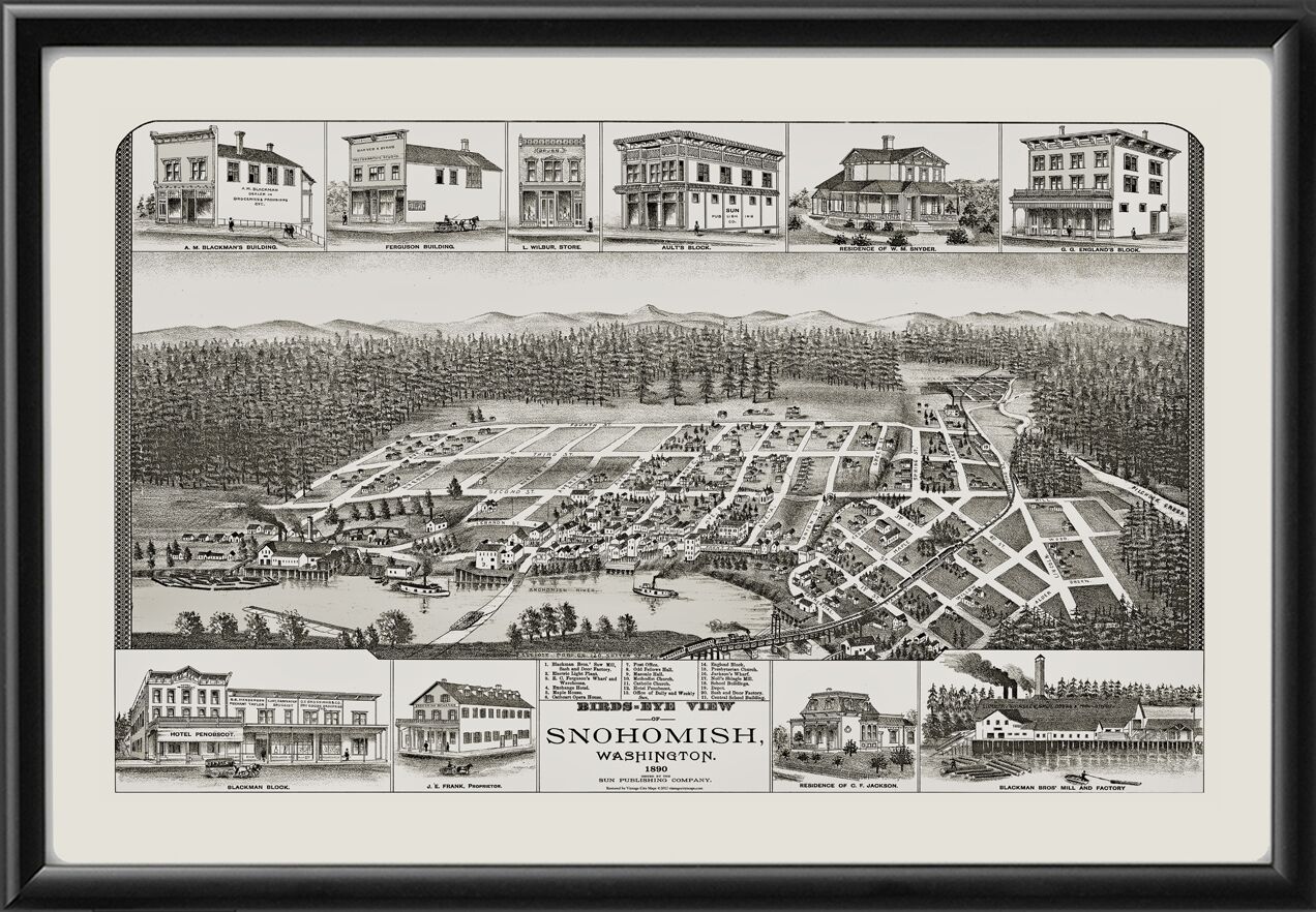 Snohomish WA 1890 TM Birds Eye View Map