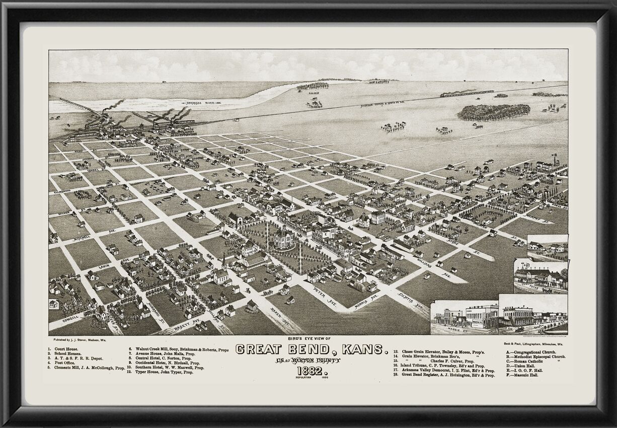 Great Bend KS 1882 JJ Stoner2436 Birdseye View Map