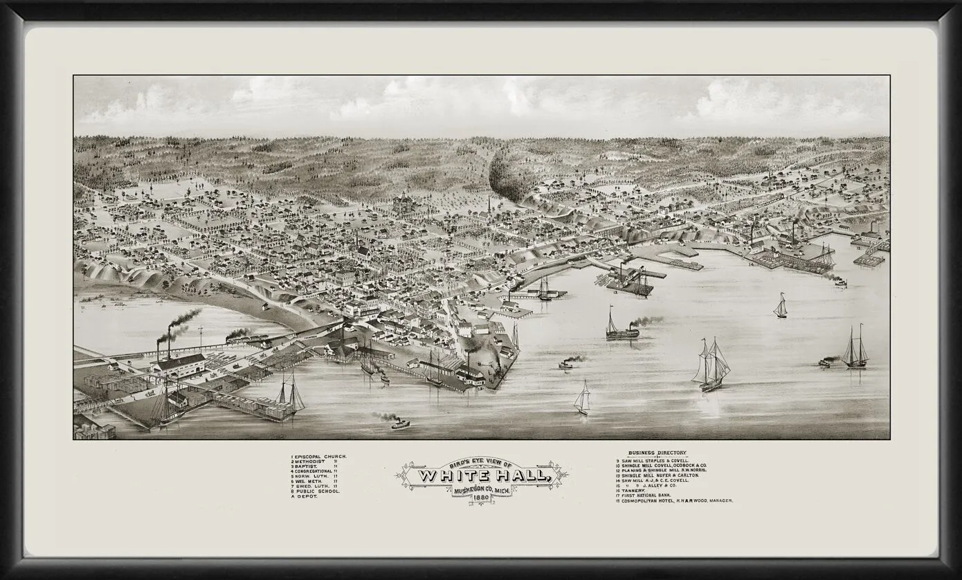 Restored bird's eye view map of Whitehall, Michigan, 1880.