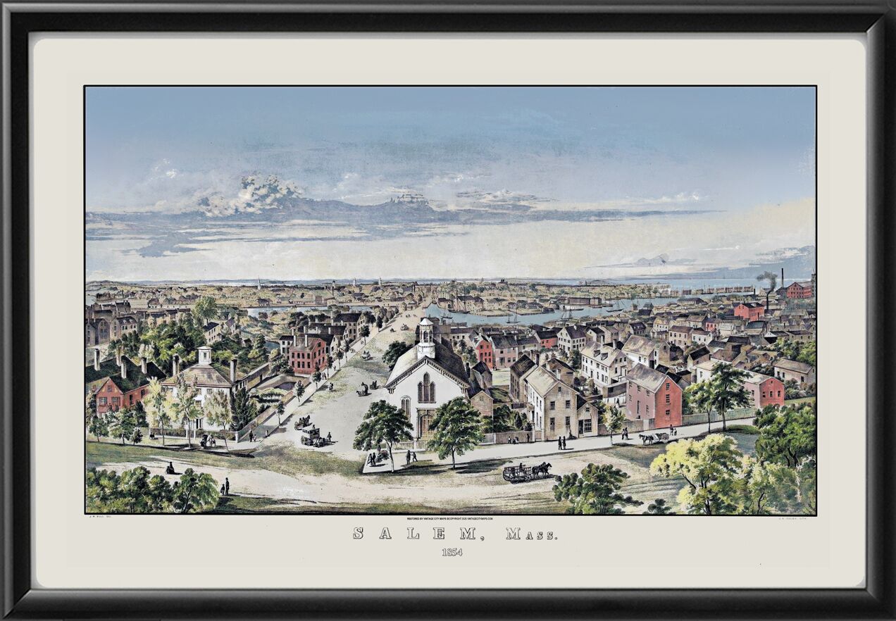 Salem MA 1854 JW Hill Color TM Birds Eye View Map