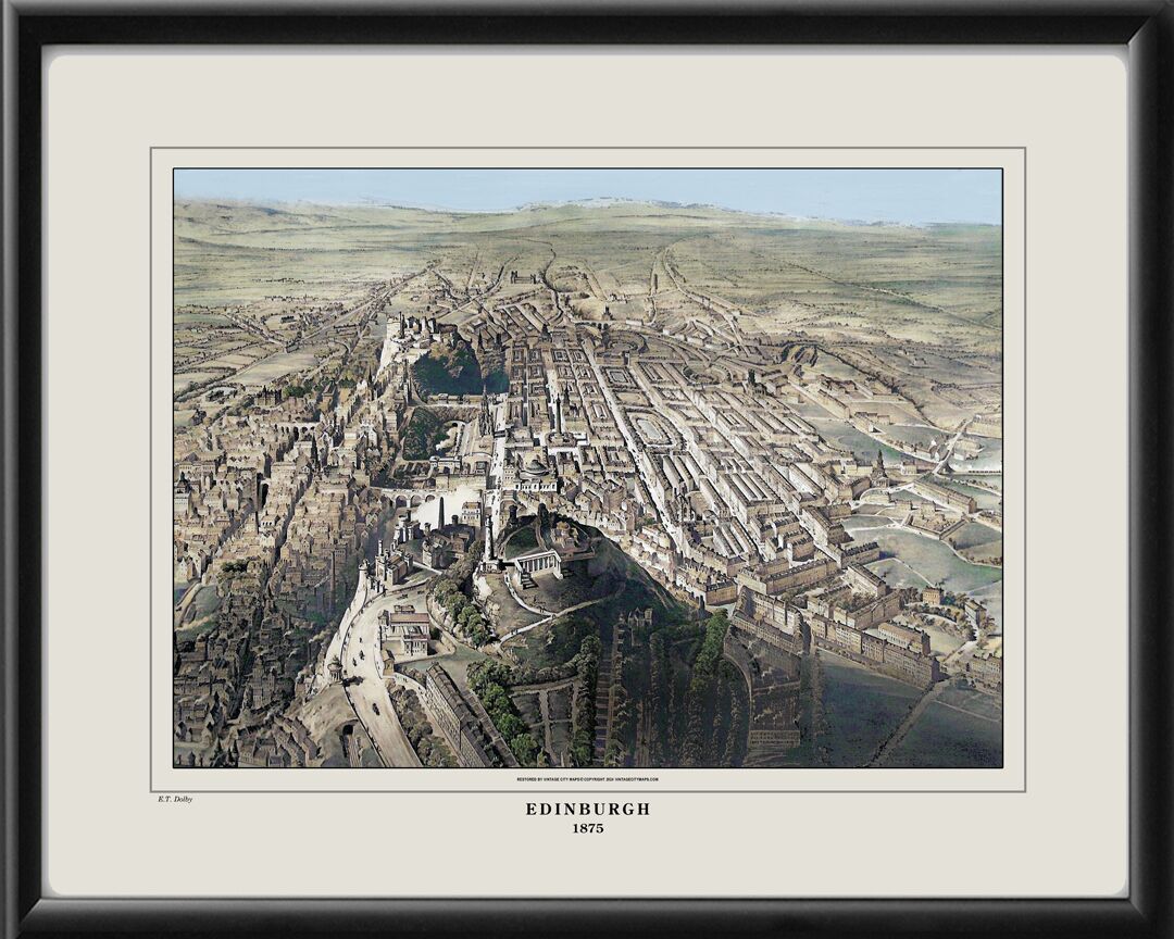 Edinburgh Scotland 1875 Birds Eye View Map