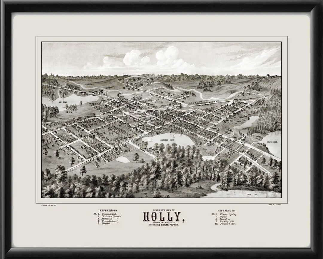 Holly, Michigan 1873 Restored Birds Eye View Map