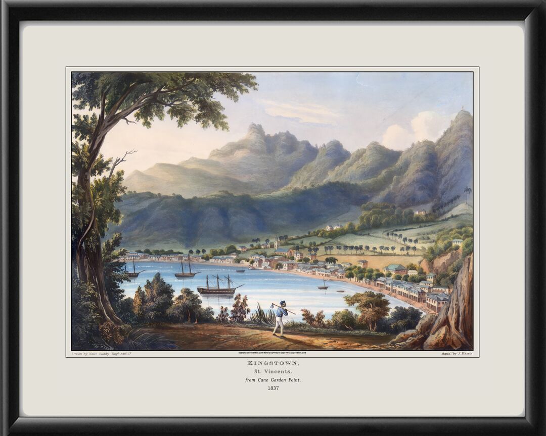 Kingstown, St. Vincents from Cane Garden Point 1837. Restored Birds Eye View Map