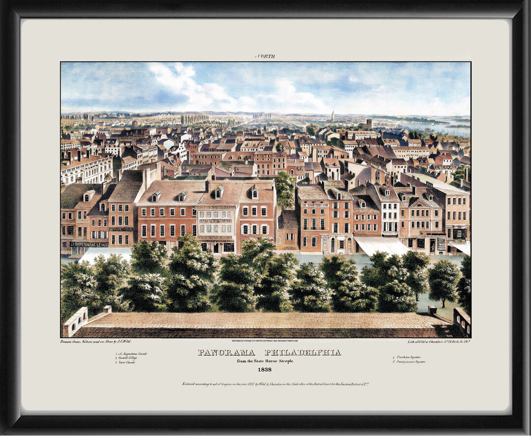Restored panoramic bird's eye view of Philadelphia, Pennsylvania, 1838 by J. C. Wild  looking north toward North Philadelphia from the State House (Independence Hall) steeple