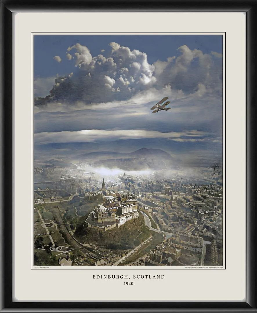 Restored and colored aerial view of Edinburgh, Scotland, circa 1920, taken from the original photograph by Captain Alfred E. Buckman