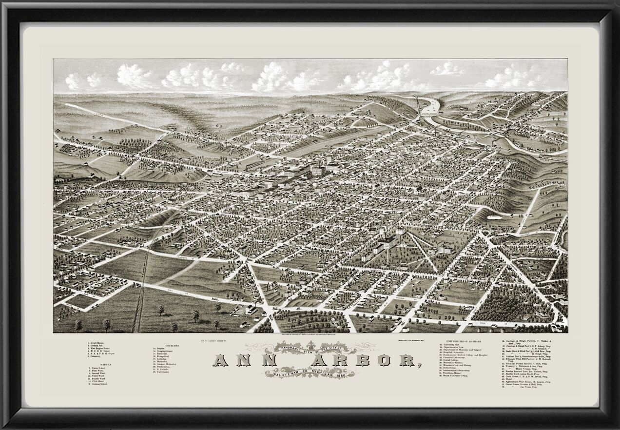 Ann Arbor MI 1880 Birds Eye View Map