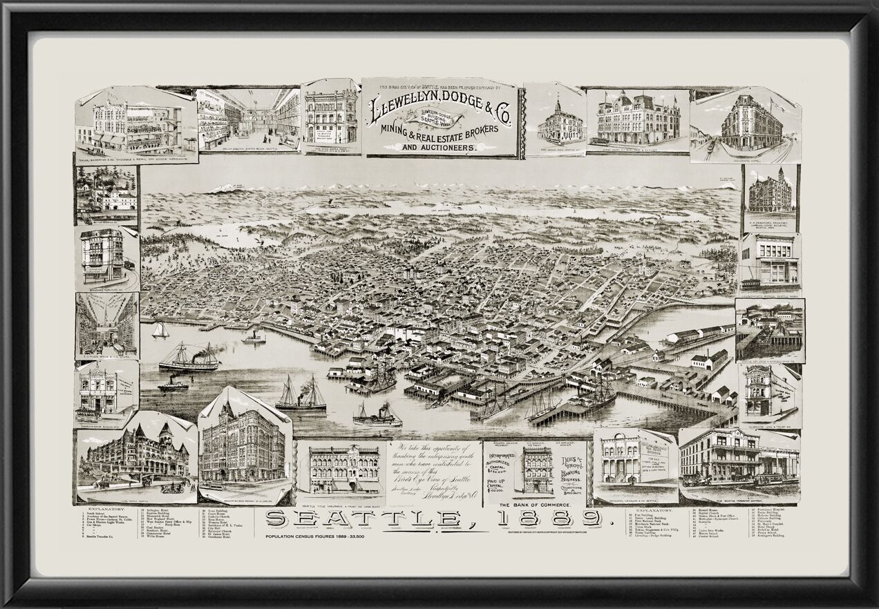 Seattle WA 1889 TM Bird's Eye View Map