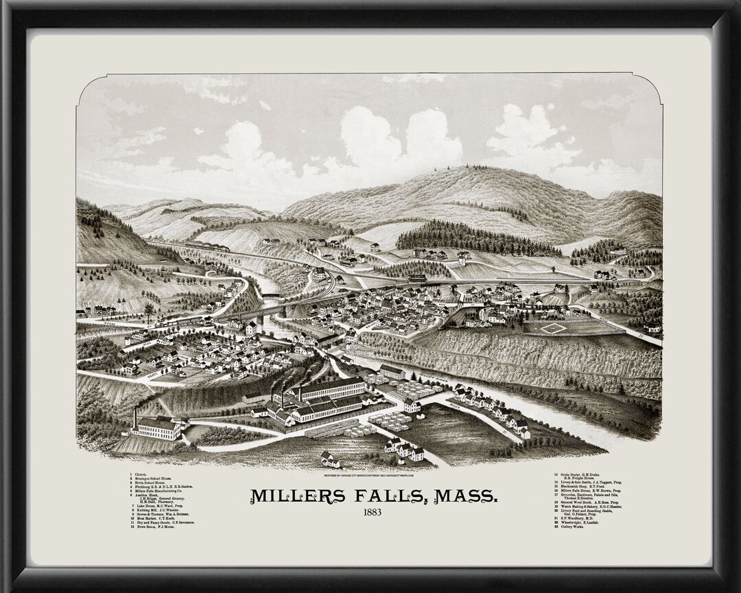 Millers Falls MA 1883 LR Burleigh TM Bird's Eye View Map