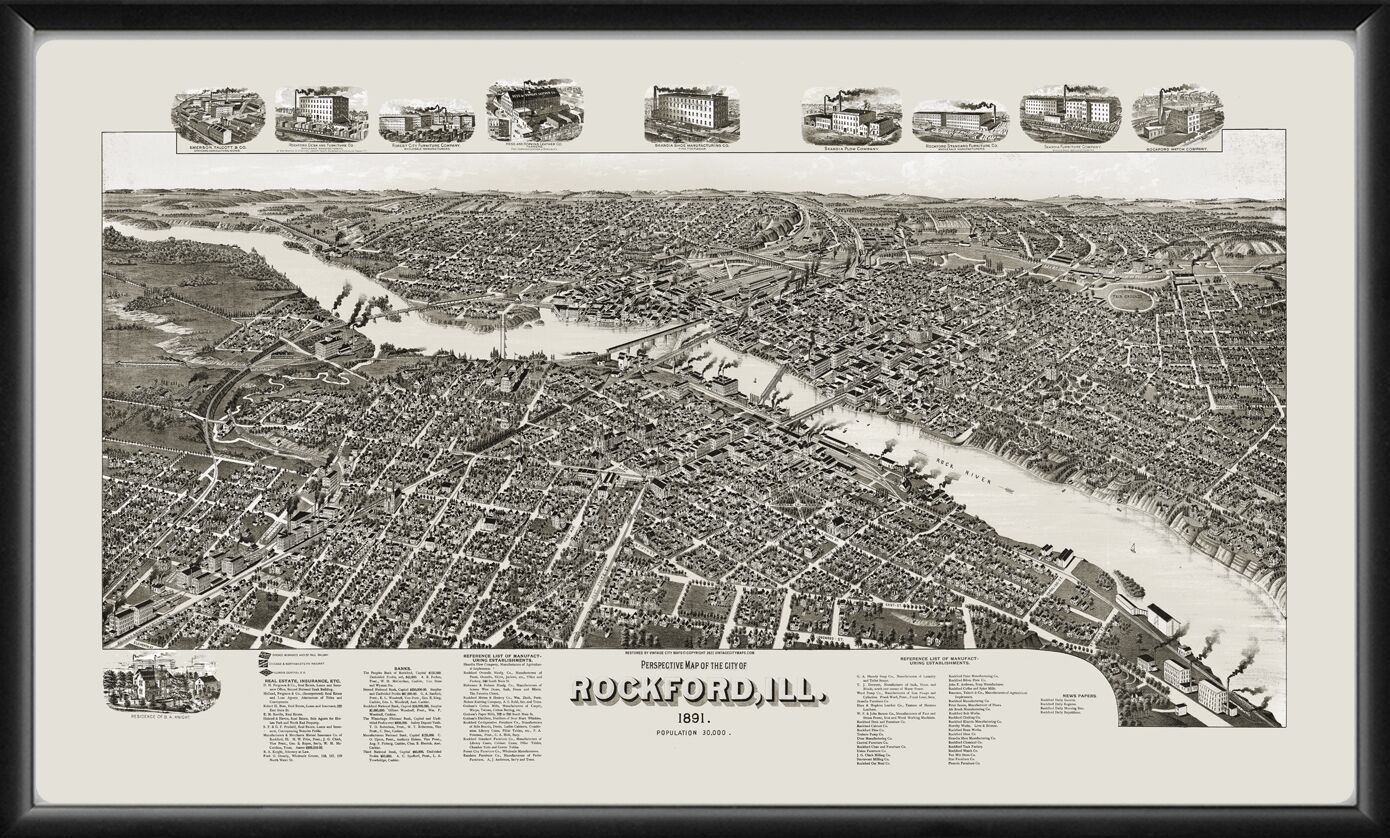 Rockford IL 1891 Birdseye View Map