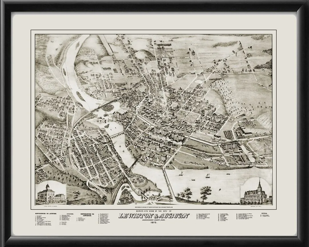 Lewiston & Auburn ME 1875 TM Birds Eye View Map