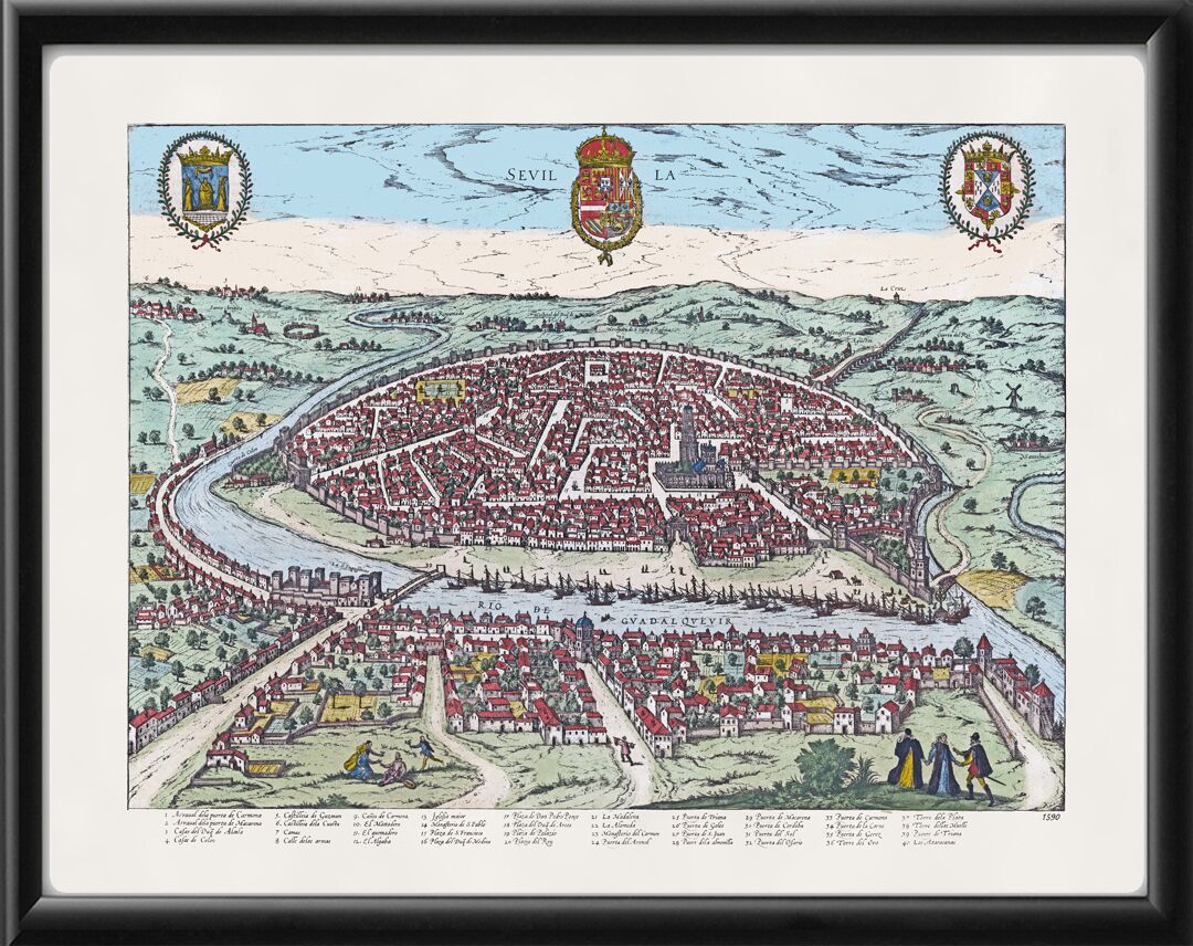 Seville, Spain 1590 Birdseye View Map by Georg Braun and Franz Hogenberg