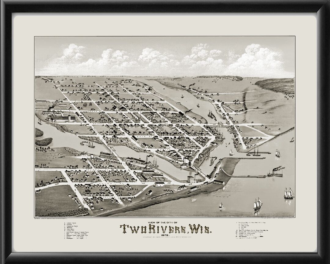Two Rivers WI 1879 Birds Eye View Map
