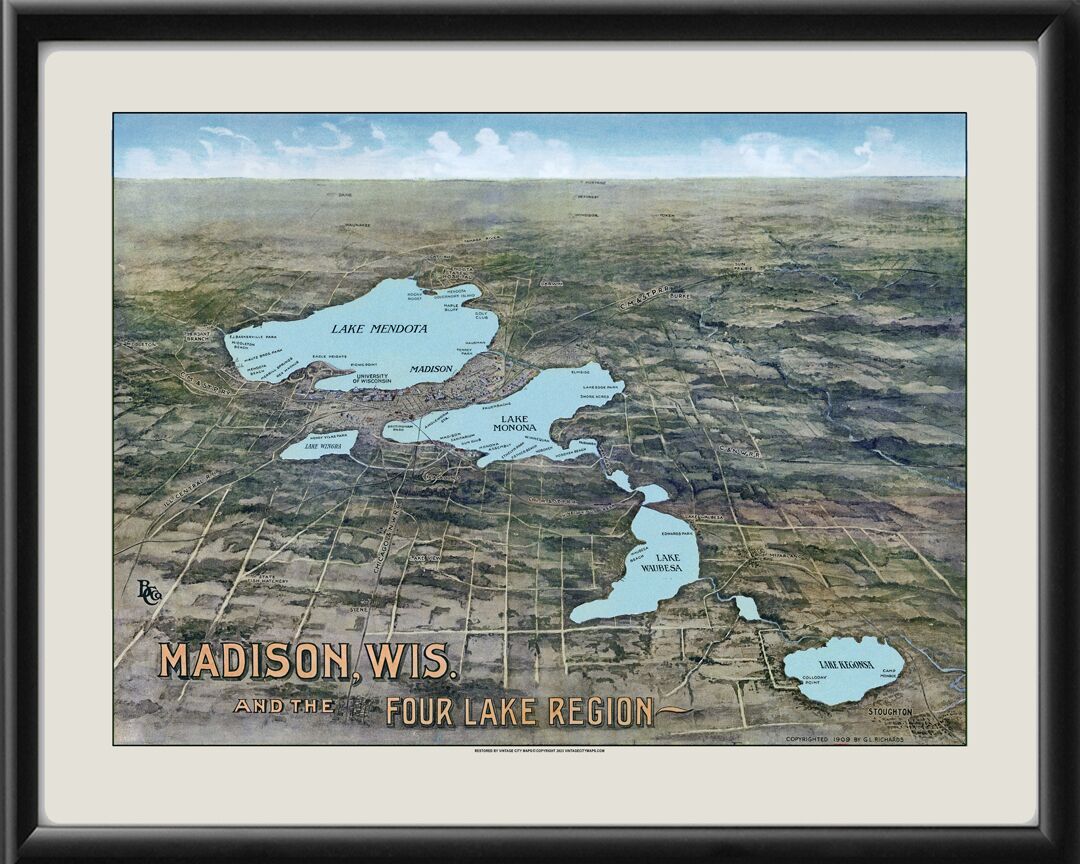 Madison WI 1909 Restored Birds Eye View Map