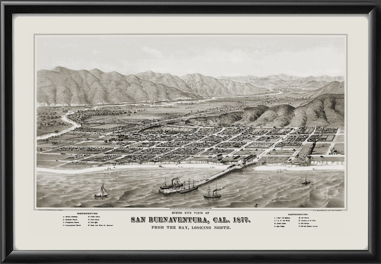 Ventura CA 1877 Birds Eye View Map