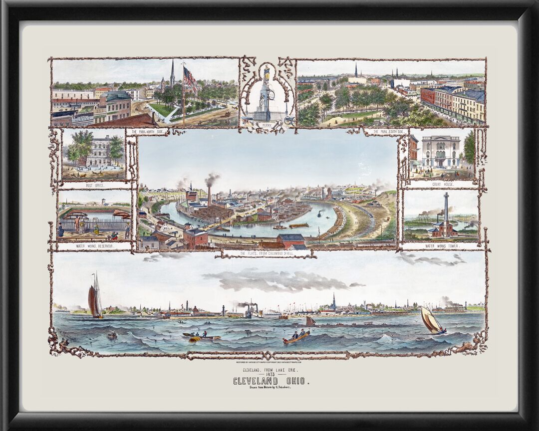 Cleveland OH 1873 Orlando V. Schubert TM Birds Eye View Map