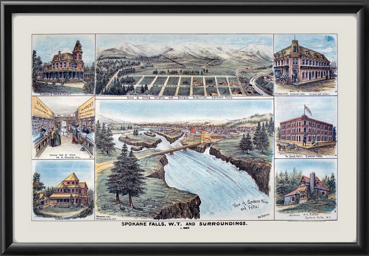Spokane Falls WA W.O. Andrew 1889 TM Birds Eye View Map