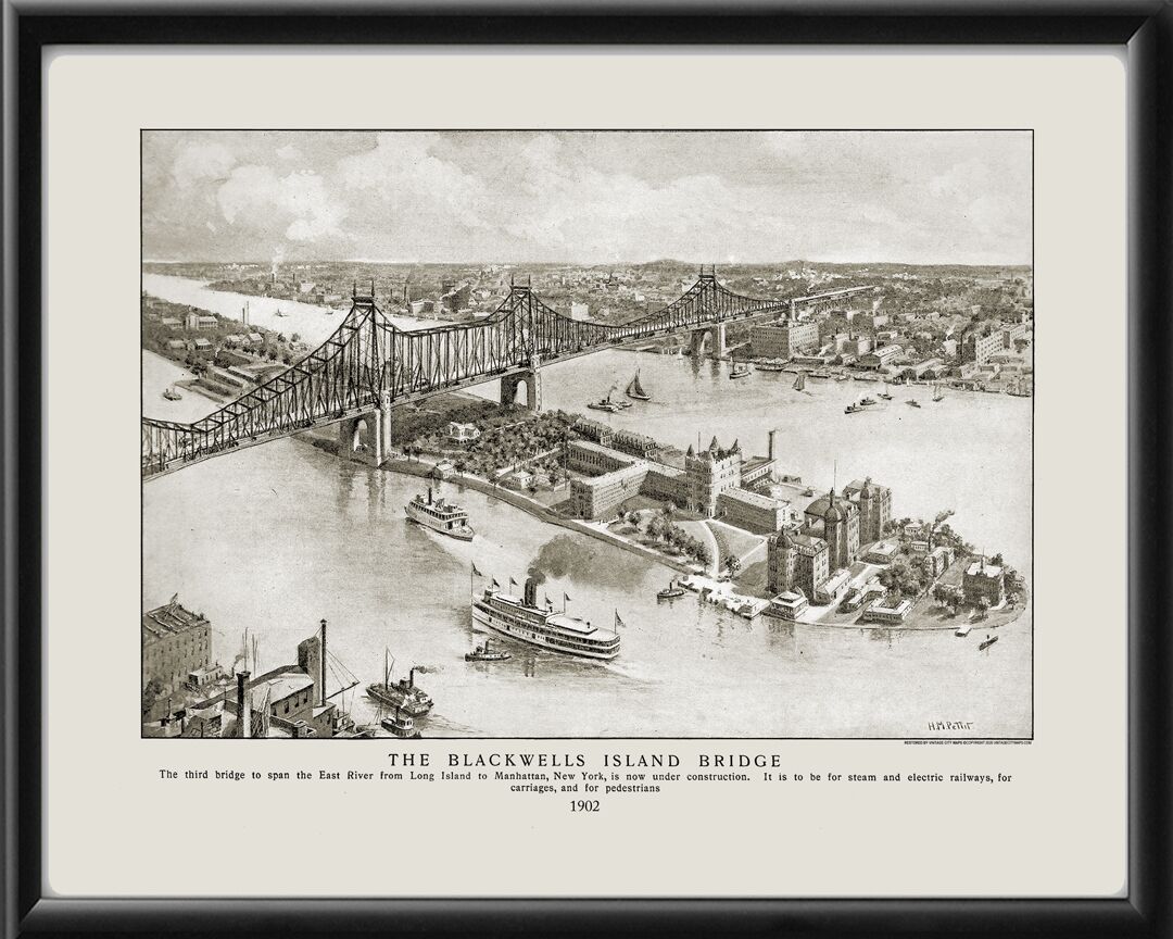 New York City NY 1902 Blackwell's (Roosevelt) Island Pettit TM Bird's Eye View Map