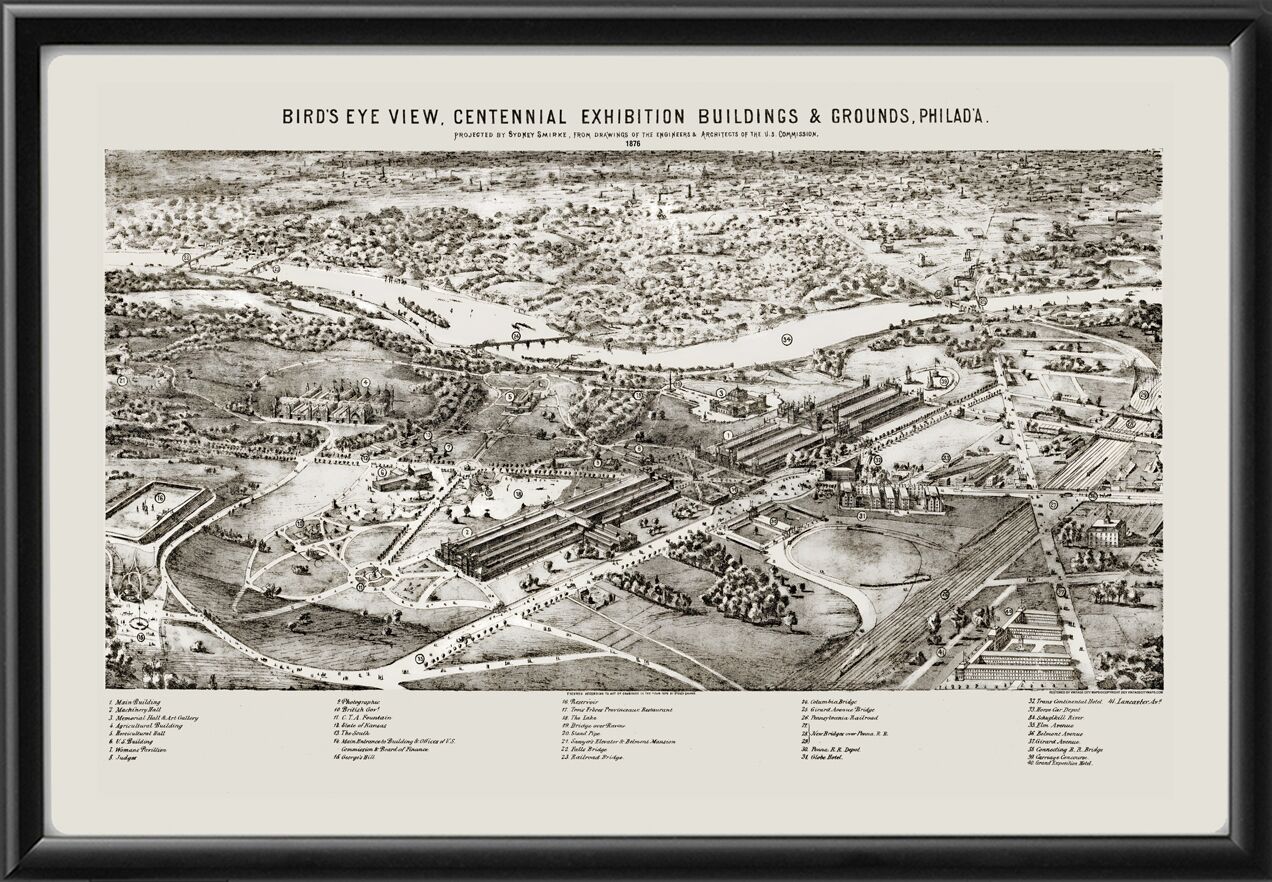 Philadelphia PA 1876 Sydney Smirke TM Birds Eye View Map
