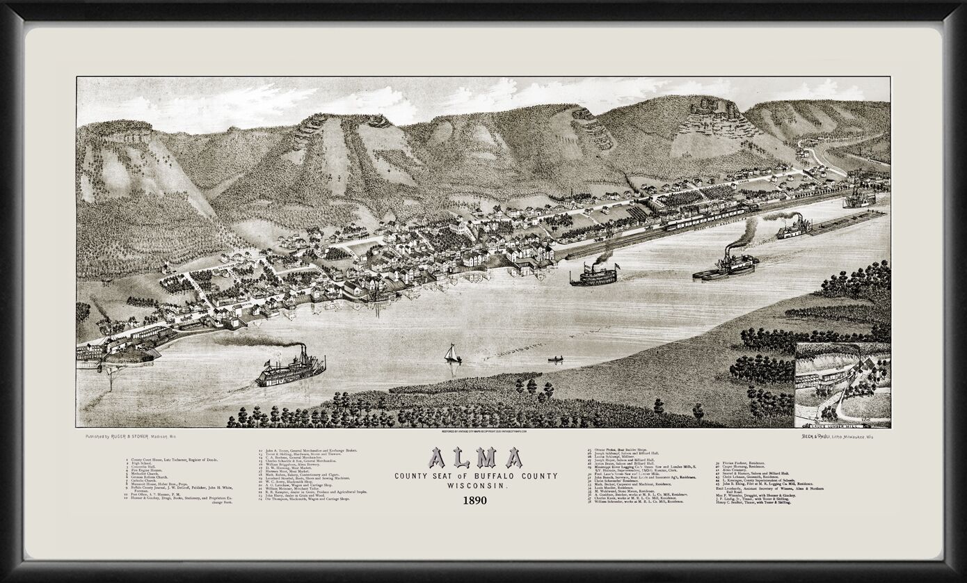 Alma WI 1890 Herman Brosius TM Birds Eye View Map