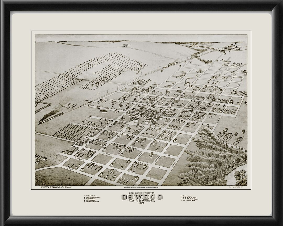 Oswego KS 1877 Augustus Koch TM Bird's Eye View Map
