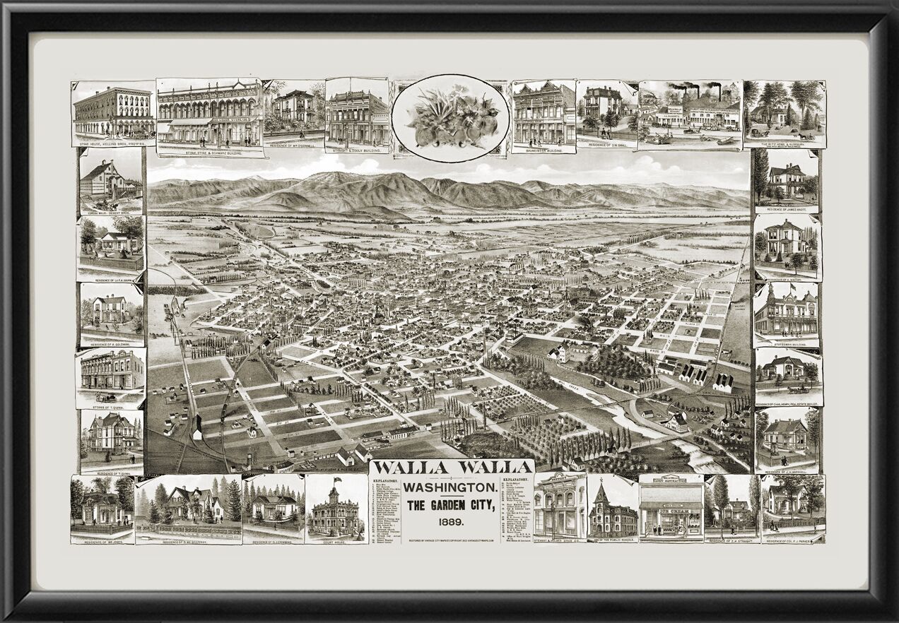 Walla Walla WA 1889 Restored Birds Eye View Map