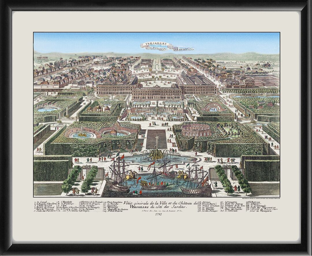 General view of the city and the Palace of Versailles from the gardens 1792
