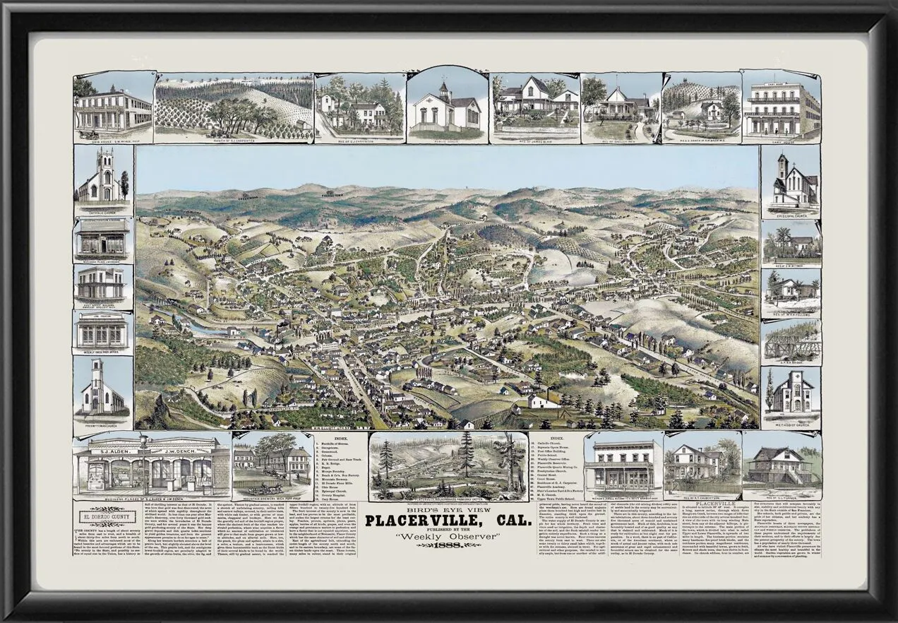 Placerville CA 1888 L. Roethe Color TM Bird's Eye View Map
