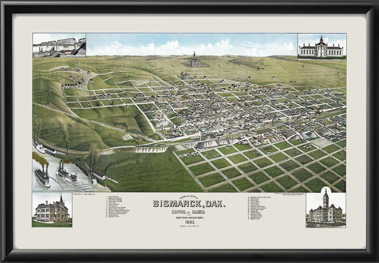 Bismarck ND 1883 Stoner Color Tm Birdseye View Map