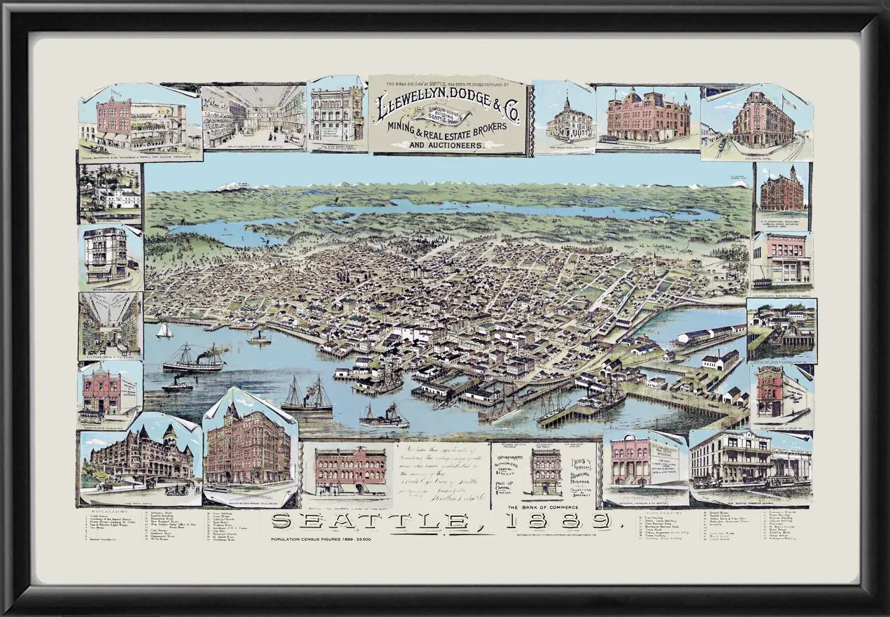 Seattle WA 1889 Color TM Bird's Eye View Map