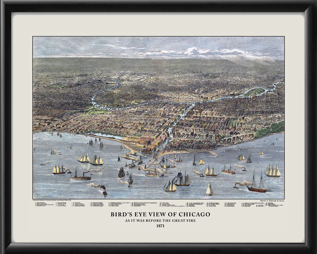 Chicago IL 1871 Theo. R. Davis TM Birds Eye View Map