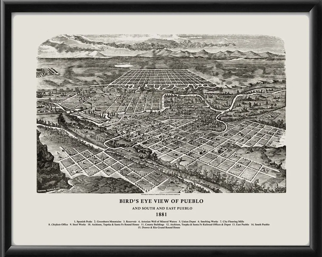 Pueblo CO 1881 Birds Eye View Map