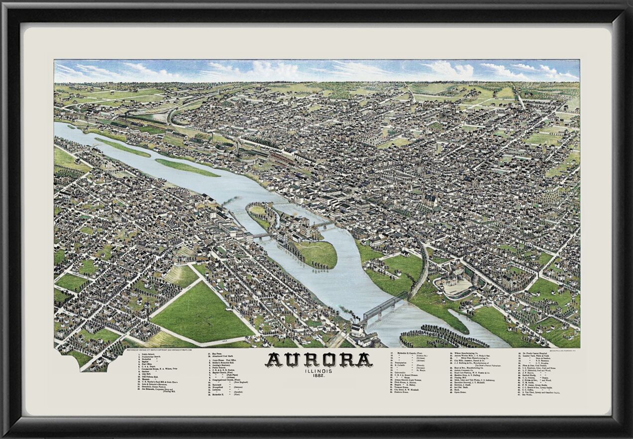 Aurora IL 1882 Herman Brosius Color TM Birds Eye View Map