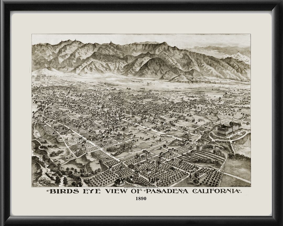 Pasadena CA 1890 Birds Eye View Map