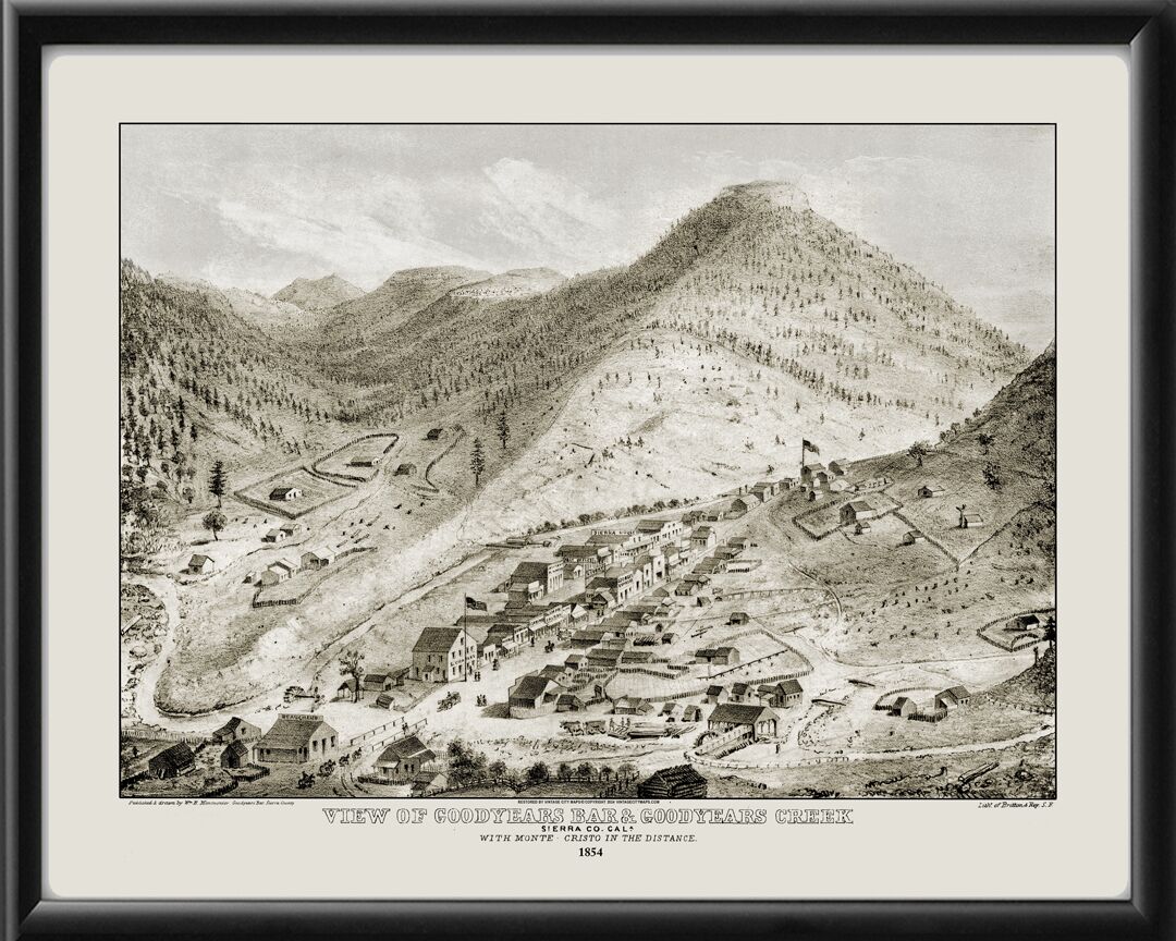 Goodyears Bar CA 1854 Birds Eye View Map