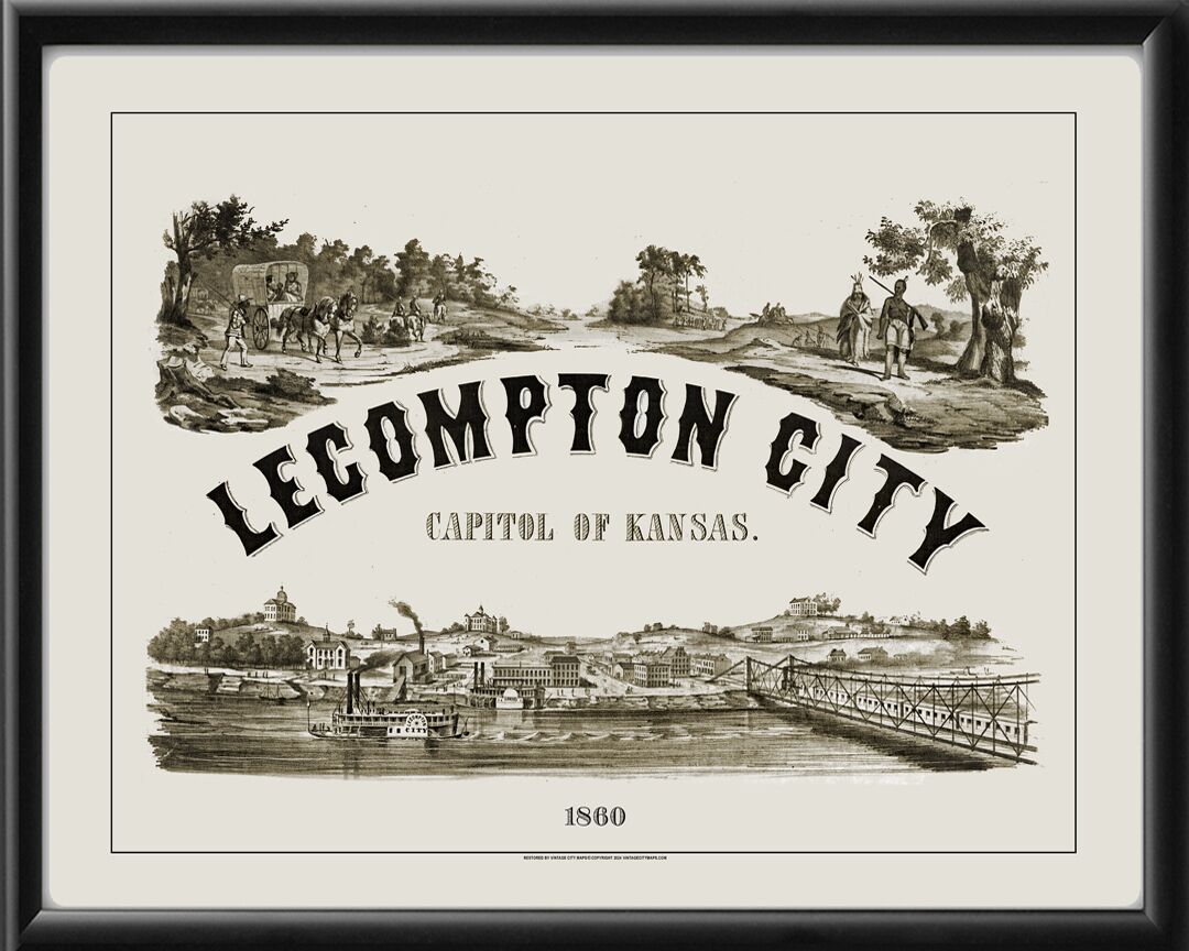Lecompton KS 1859 Birds Eye View Map