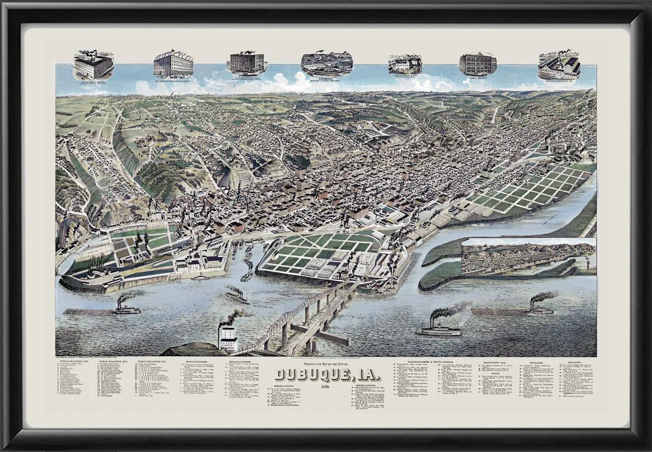 Dubuque IA 1889 (Color) Birds Eye View Map