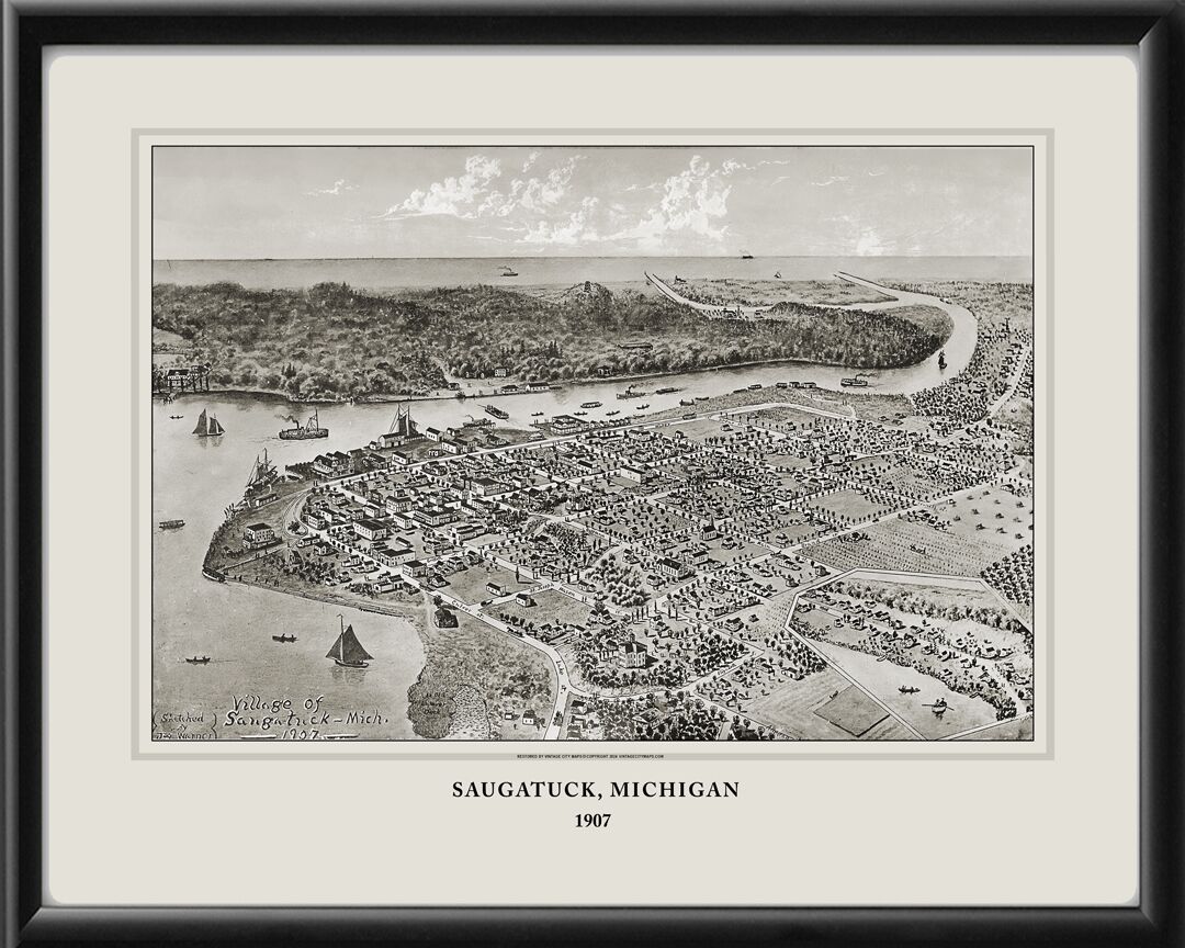 Saugatuck, Michigan 1907 Joseph Warne Restored Birds Eye View Map