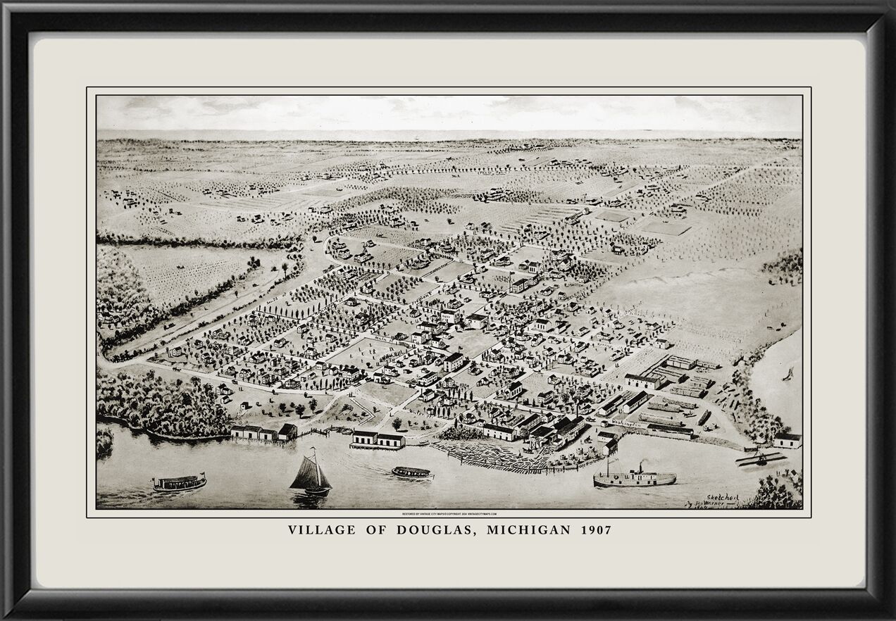 Douglas, Michigan 1907 Restored Birds Eye View Map