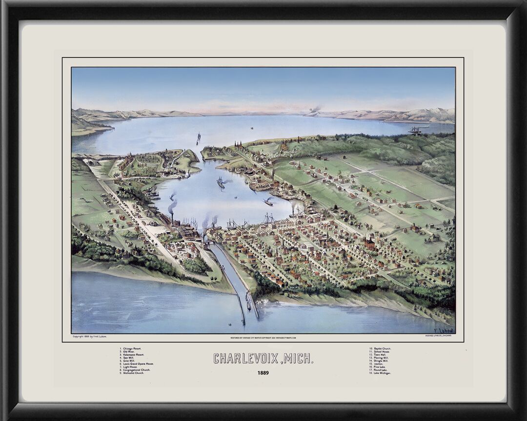 Charlevoix, Michigan 1889 Restored Birds Eye View Map