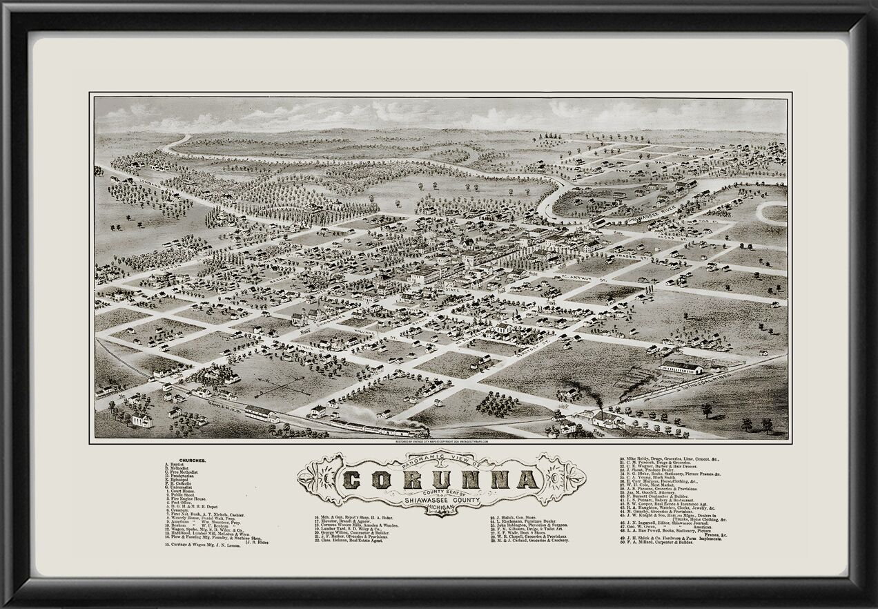 Corunna, Michigan 1881 Restored Birds Eye View Map