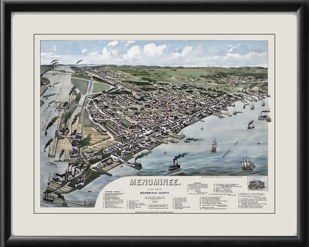 Menominee MI 1860 Restored Birds Eye View Map