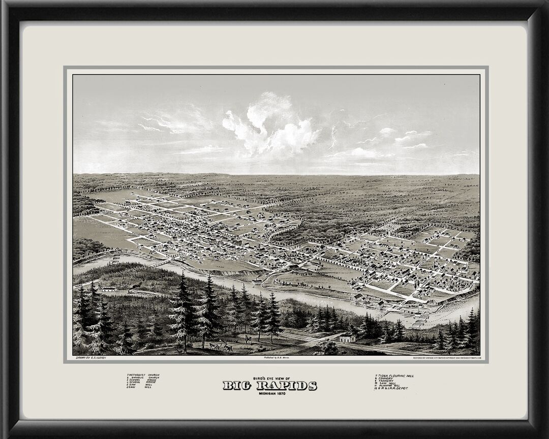 Big Rapids, Michigan, 1870 Restored Birds Eye View Map