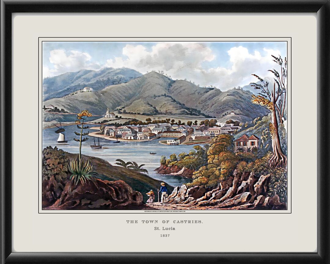 Castries St. Lucia 1837 Restored Birds Eye View Map