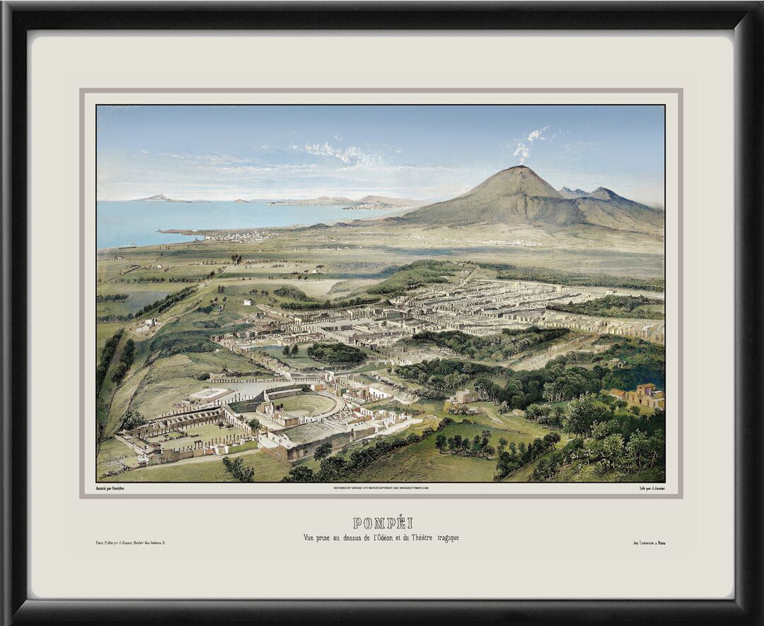 Pompeii Italy Alfred Guesdon 1852 Birds Eye View Map