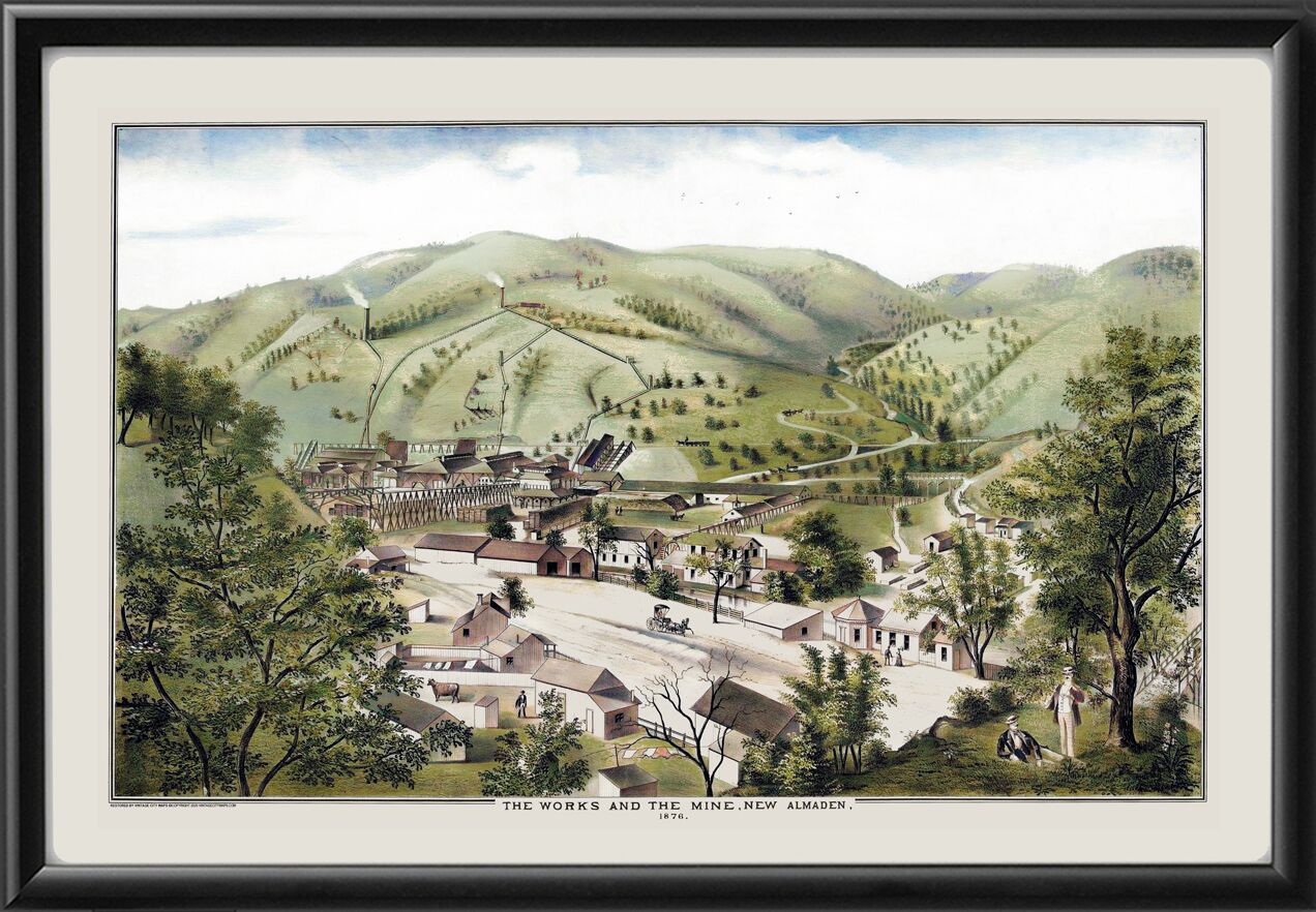 New Almaden CA 1876 (Color) Bird's Eye View Map