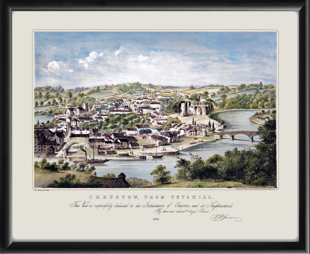 Restored bird's eye view of Chepstow, Monmouthshire, Wales (from Tutshill) with a view of the River Wye, 1846 by George A. Hillier