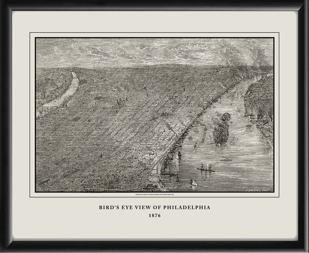 Bird's eye view of Philadelphia, with Smith's Island on the Delaware River at right 1876 John Sanderson Dalziel