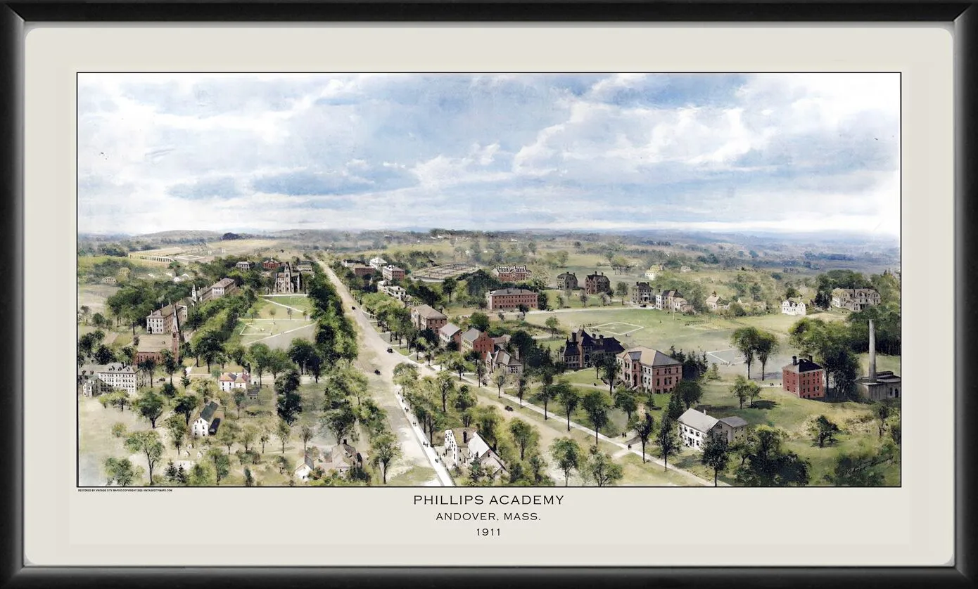 Restored bird's eye view of Phillips Academy in Andover, Massachusetts, 1911 by Richard Rummell