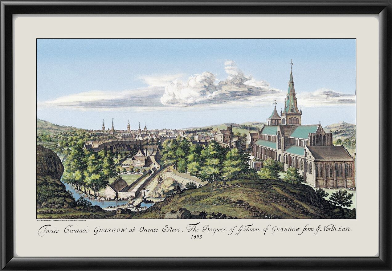 Restored bird's eye view of Glasgow, Scotland, showing the  Glasgow Cathedral viewed from what is now the city's graveyard, 1693 by  John Slezer