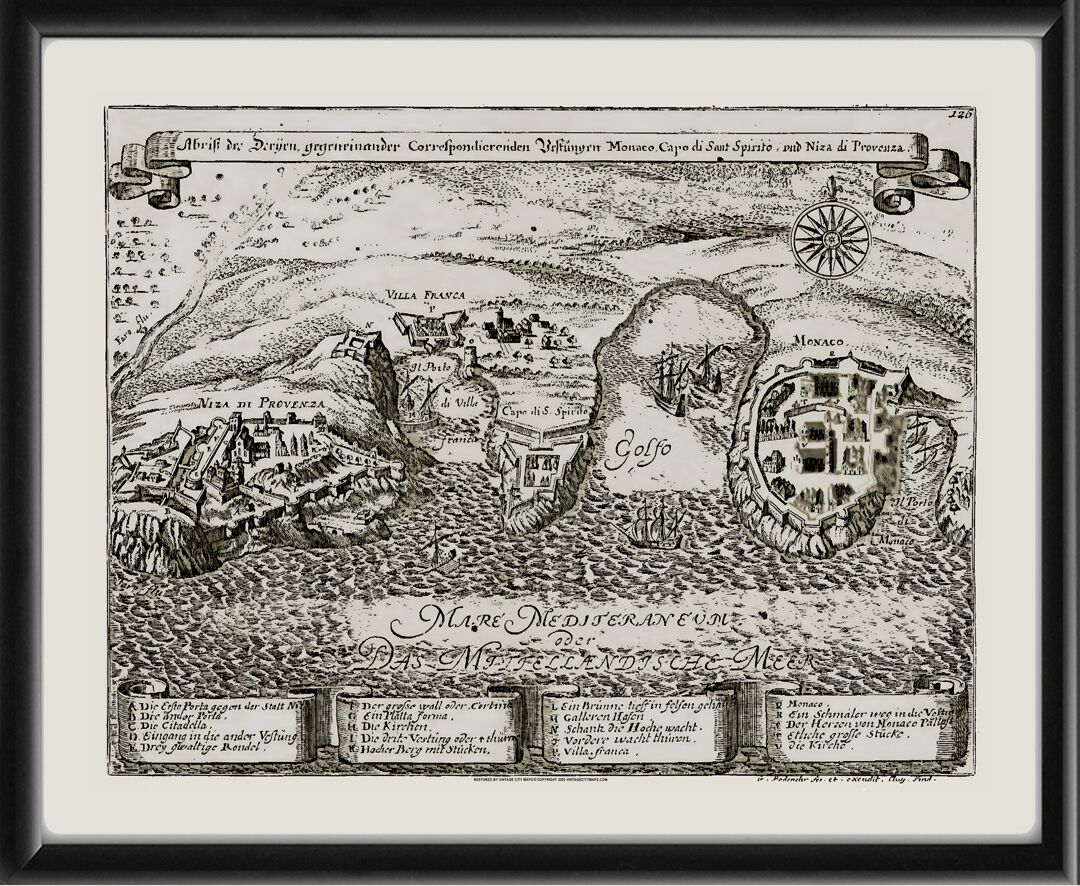 Nice France 1720 Gabriel Bodenehr bird's eye view of the part of Cote d'Azur (French Riviera) between Monaco and Nice